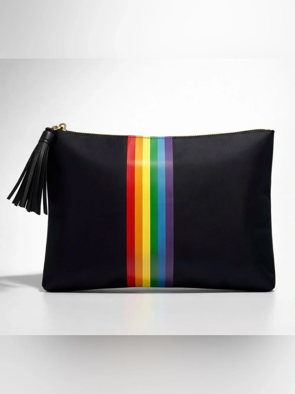 Ahdorned Nylon Cosmetic Bag with Rainbow Stripe, tassel, black, never used